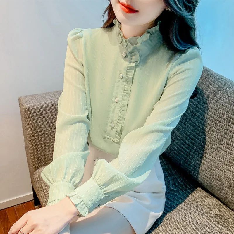 เสื้อเชิ้ตแขนยาว คอปกตั้ง แต่งลูกไม้ แฟชั่นฤดูใบไม้ผลิ และฤดูใบไม้ร่วง สไตล์ฝรั่งเศส สําหรับผู้หญิง