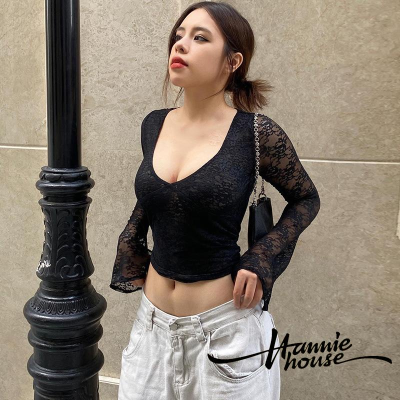 Hannie- เสื้อครอปท็อป คอวี ผ้าตาข่าย ลูกไม้ซีทรู สําหรับผู้หญิง