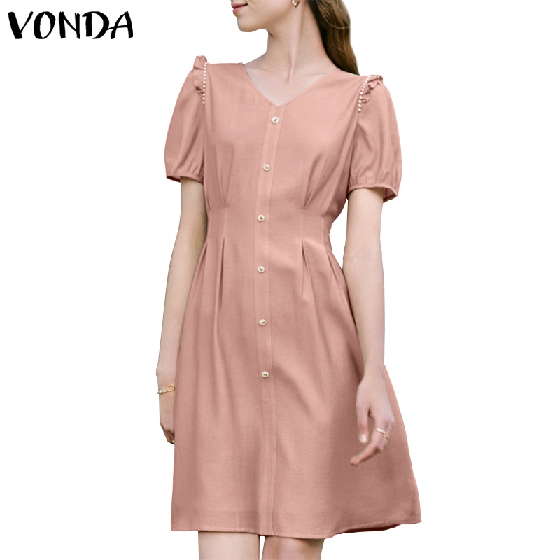 Vonda ชุดเดรสสั้น คอวี แขนพอง แต่งกระดุม ประดับมุก สีพื้น สไตล์เกาหลี สําหรับผู้หญิง