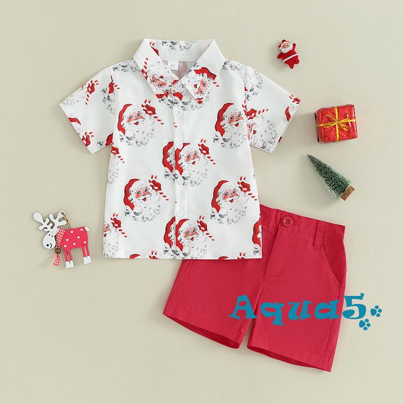 Aqq- ชุดเสื้อเชิ้ตแขนสั้น พิมพ์ลายซานตาคลอส คริสต์มาส และกางเกงขาสั้น สําหรับเด็กผู้ชาย
