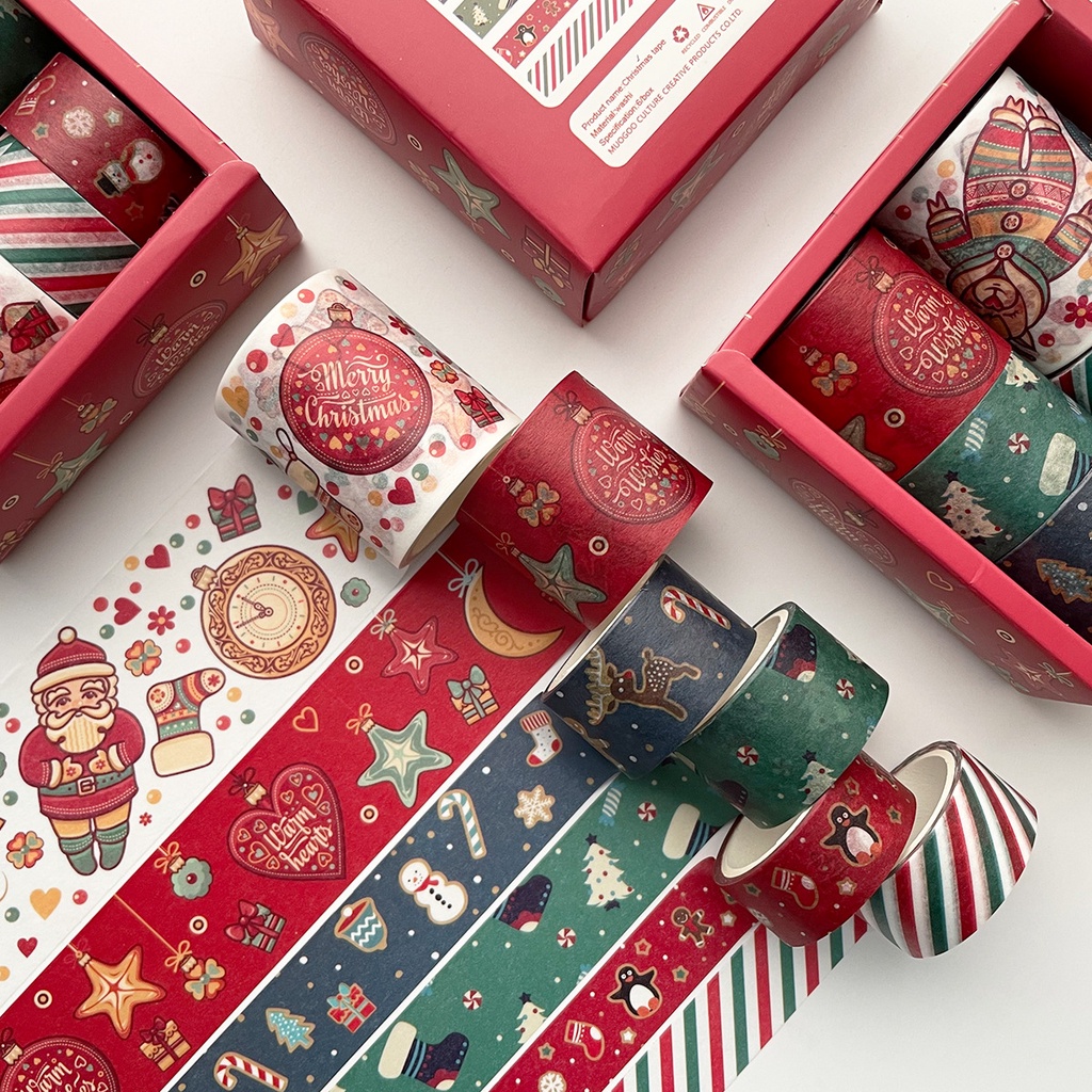 6 ม้วนคริสมาสต์เทป Washi ตั้งไม่มีการตกแต่งเทป Washi ศิลปะ DIY หัตถกรรมแฮนด์เมดของขวัญบรรจุภัณฑ์คริสต์มาสหน้ากากเทป