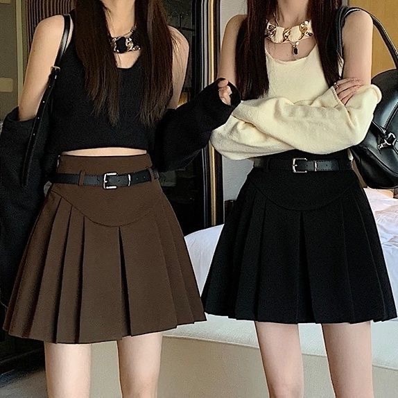 กระโปรงสั้น เอวสูง ทรงเอ แต่งจับจีบ สีดํา สีเทา แฟชั่นฤดูใบไม้ร่วง และฤดูหนาว สําหรับผู้หญิง
