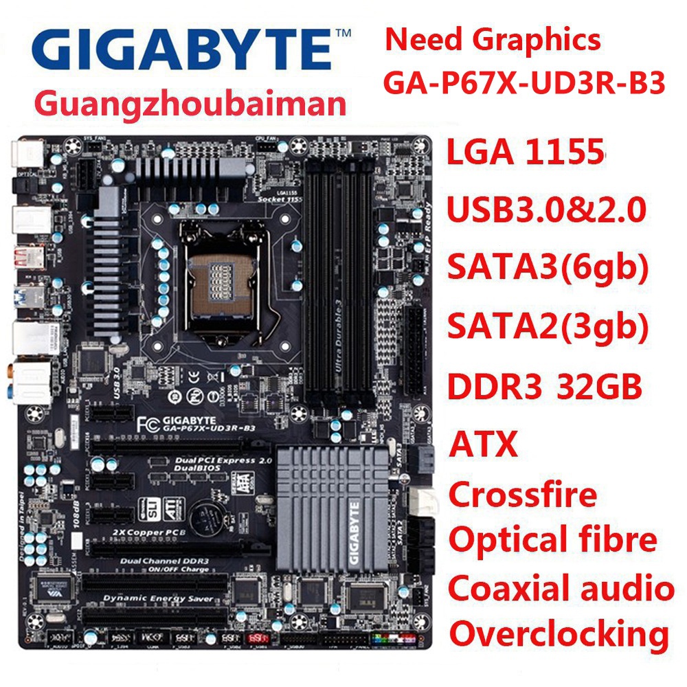 ใช้ต้นฉบับ Gigabyte GA-P67X-UD3R-B3 เมนบอร์ด P67 เดสก์ท็อป P67A-UD3R UD4 ซ็อกเก็ต intel LGA 1155 DDR