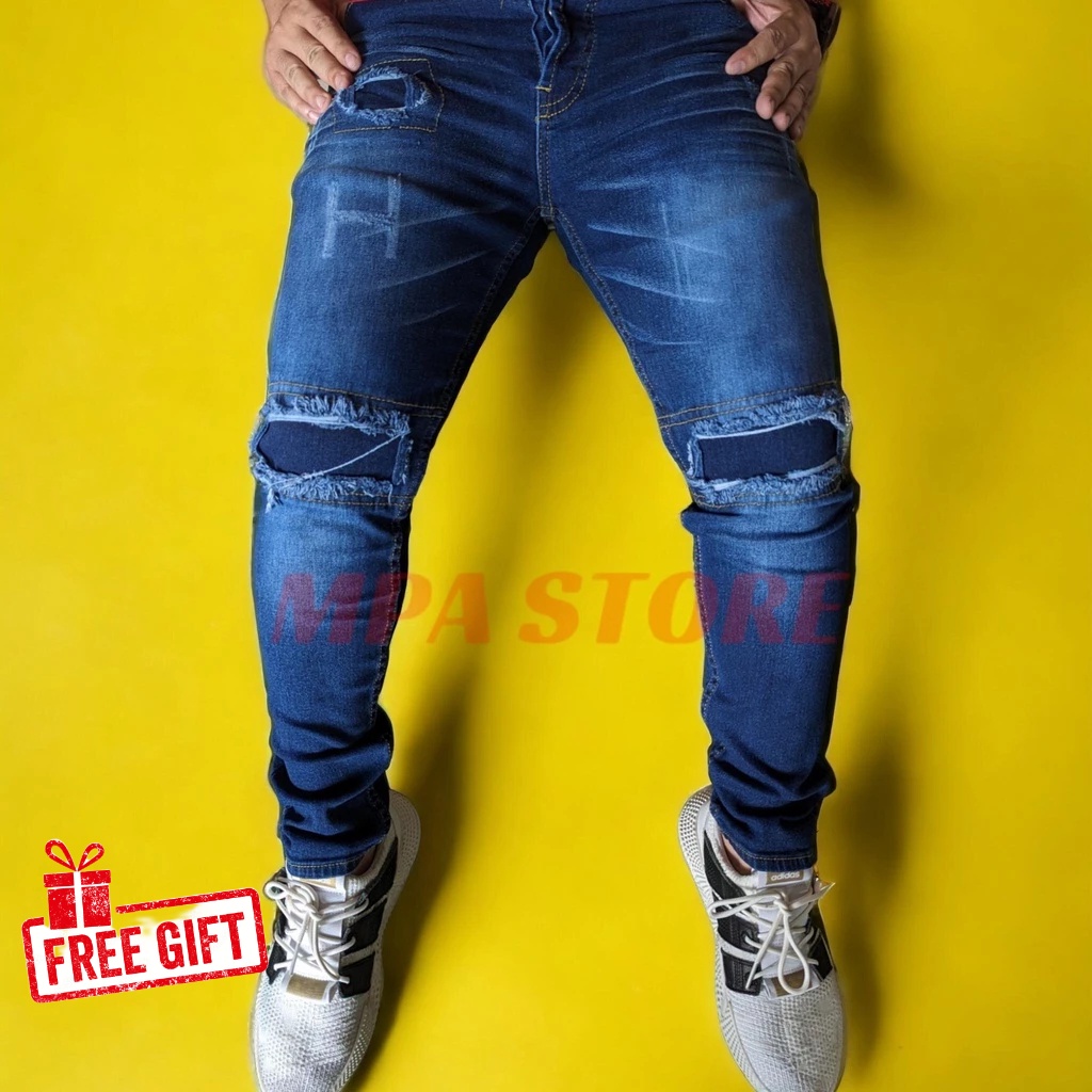BB PETAK TORN JEANS / RUBBER FABRIC TORN JEANS / STRETCHABLE RIPPED JEANS