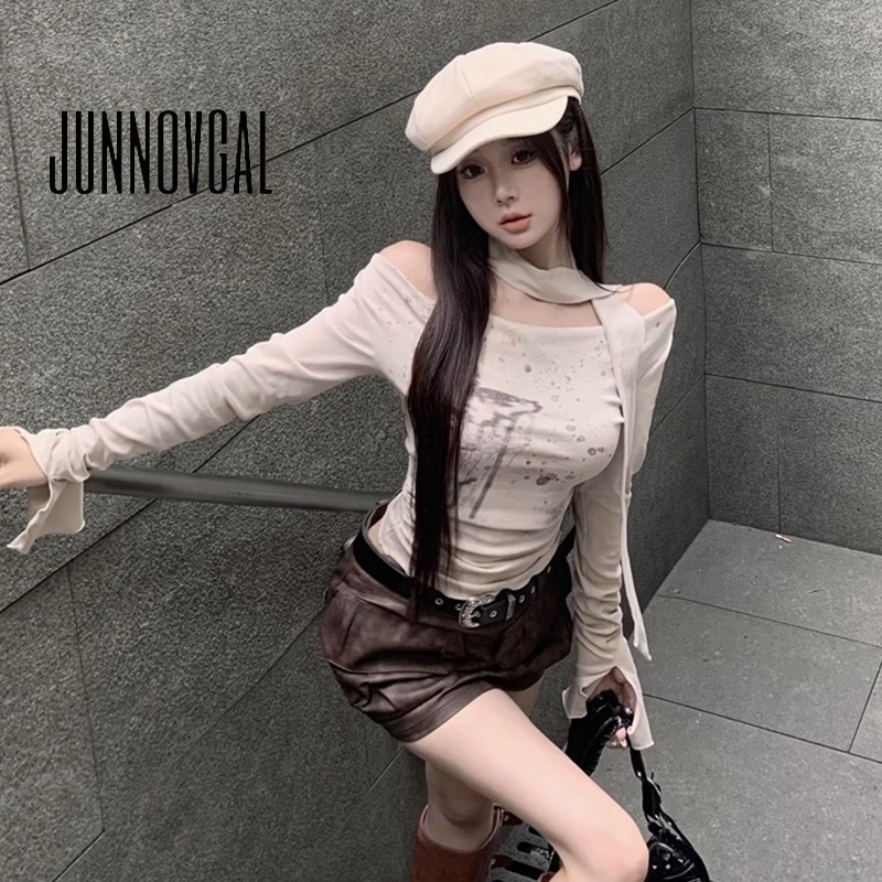 Junnovgal เสื้อยืดแขนยาว เปิดไหล่ พิมพ์ลาย สีพื้น แฟชั่นฤดูใบไม้ร่วง สําหรับผู้หญิง 2023