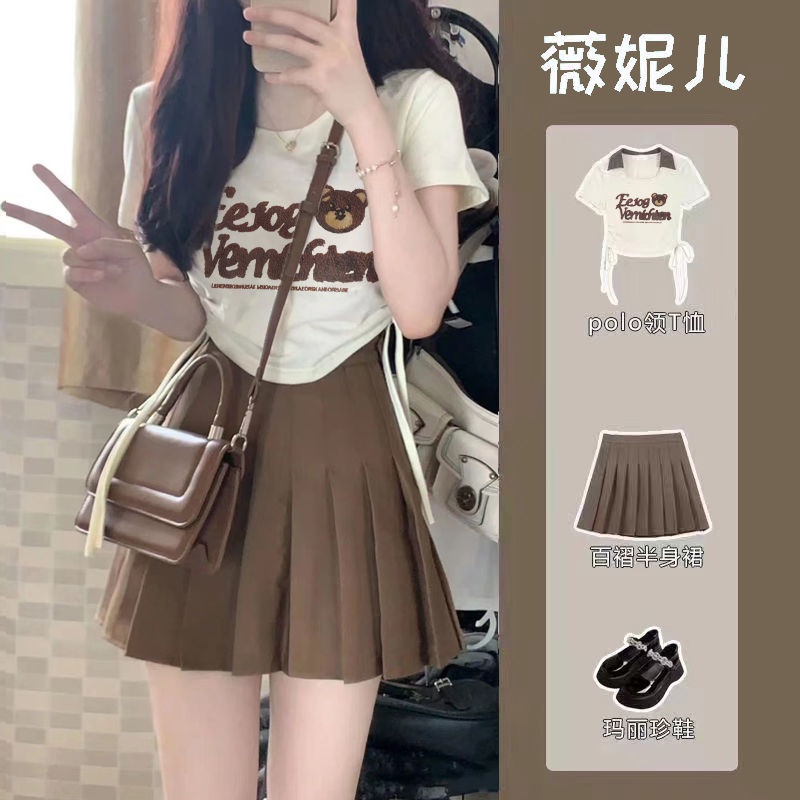 ชุดเสื้อยืด คอกลม และกระโปรงพลีท ขนาดเล็ก สไตล์เกาหลี สําหรับผู้หญิง