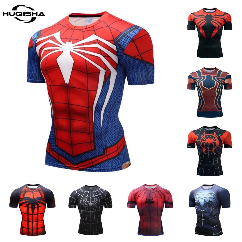 เสื้อยืด ลาย Superhero Spiderman แบบแห้งเร็ว สําหรับผู้ชาย ใส่ไปยิม เล่นกีฬา