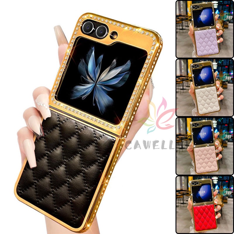 SAMSUNG 3dเพชรตาข่ายหนังชุบปลอกsamsung Galaxy Z Flip 5 4 6 Glitter Bling Rhinestone SparklyกรณีSamsung Z Flip 5 Z Flip 6 Electroplated Cover