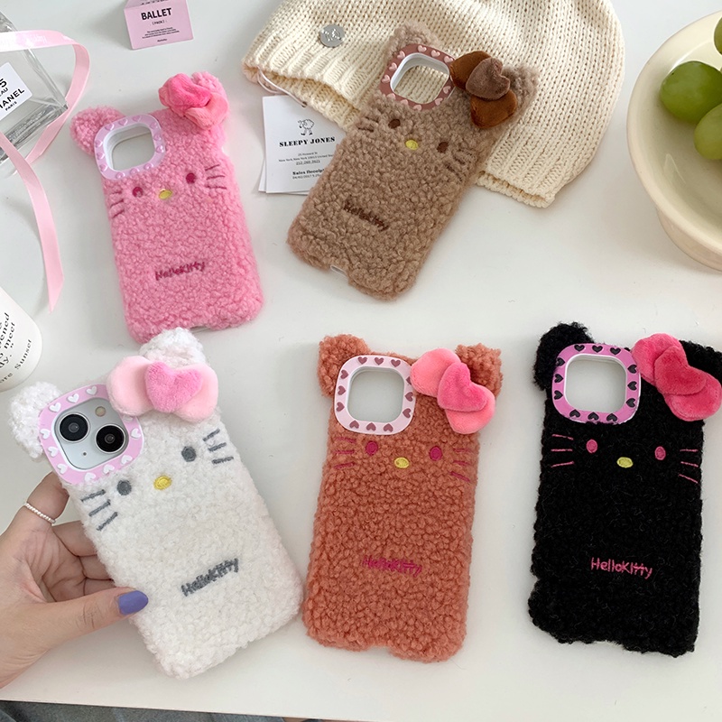เคสโทรศัพท์มือถือ ผ้าขนแกะนิ่ม กันกระแทก ลายเฮลโลคิตตี 3D ขนเฟอร์ สําหรับ IPhone 15 Pro Max 15 15 Pro 14 Pro Max 14 Pro 14 13 Pro Max 13 Pro 13 12 Pro Max 12 Pro 12