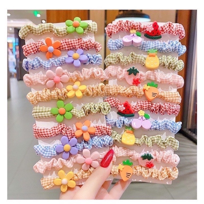 ยางยืดรัดผม ลายสก็อต ลายการ์ตูนสายสีรุ้ง📌สุ่มลายตามแบบ หนังยางรัดผมเกาหลี  HDR590