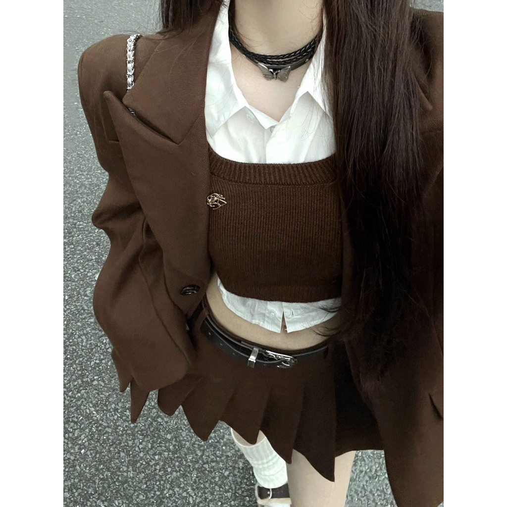 Wear Elegance Retro Pleated Skirt Coat Vest Mid-Length Lady like Woman Korean Style Suit Autumn and Winter Knitting Shirt J6XY – โปรปัง