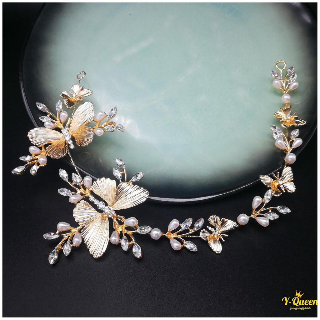 ผ้าโพกศีรษะ ประดับมุก พลอยเทียม รูปผีเสื้อ ดอกไม้ สําหรับผู้หญิง - รูปที่ 3