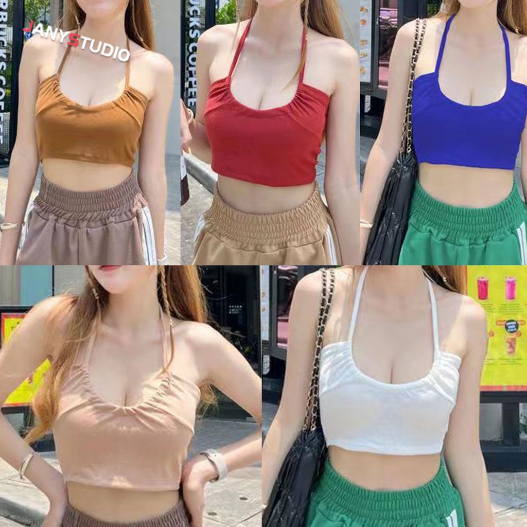 พร้อมส่ง เสื้อครอปสายเดี่ยวผ้านิ่มใส่สบาย ผูกคอได้หลายแบบ รุ่น กุ๊งกิ๊ง