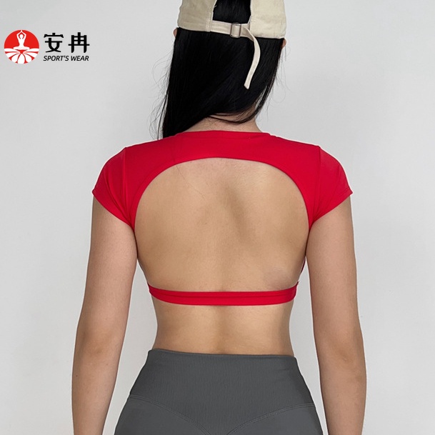 【Anran】（No Padded）เสื้อกีฬาแขนสั้นเซ็กซี่ แต่งรูกลวง ขนาดใหญ่ เสริมฟองน้ํา เหมาะกับใส่เล่นโยคะ พิลาทิส ฟิตเนส วิ่ง