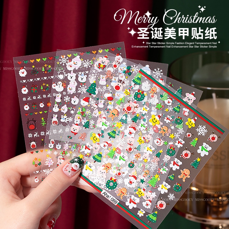 สติกเกอร์ติดเล็บ ลายคริสต์มาสน่ารัก 3D กันน้ํา บางพิเศษ สําหรับตกแต่งเล็บ