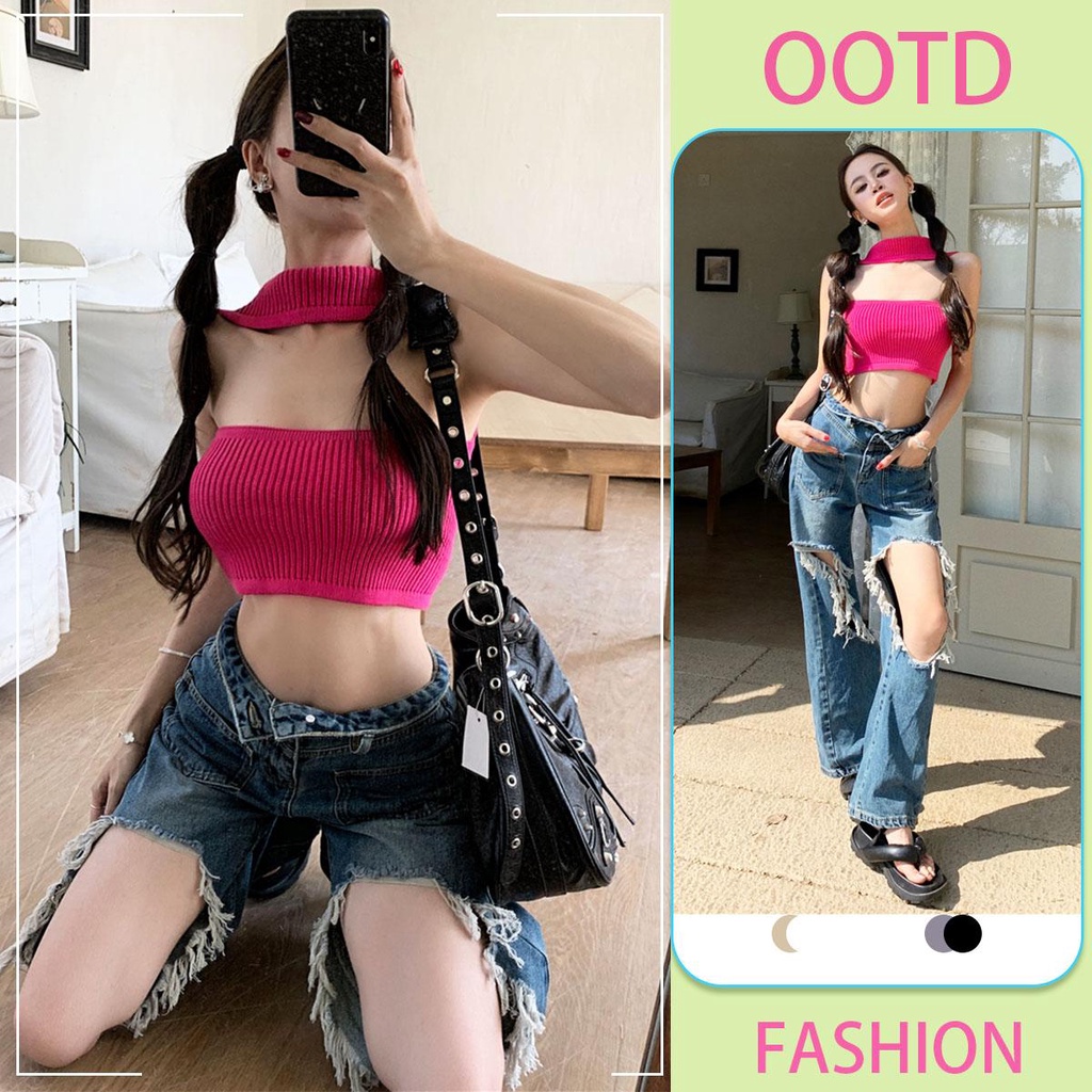 mimi&didi เสื้อครอปสวย รัดรูป เกาะอกคอเต่า y2k เสื้อไหมพรมแฟชั่น เซ็กซี่ สไตล์เกาหลี  ไส่เป็นแขนกุดได้ น่ารักสุดๆ U042