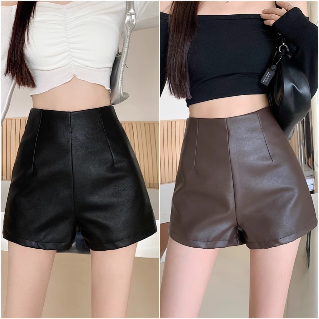 พร้อมส่ง กางเกงหนัง ขาสั้น ซิปข้าง สีคลุมโทน