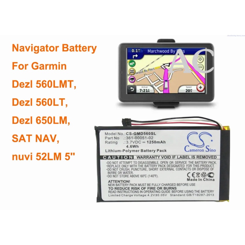AC Cameron Sino 1250mAh GPS, Navigator Battery  for Garmin Dezl 560LMT, Dezl 560LT, Dezl 650LM, SAT NAV, nuvi 52LM 5''