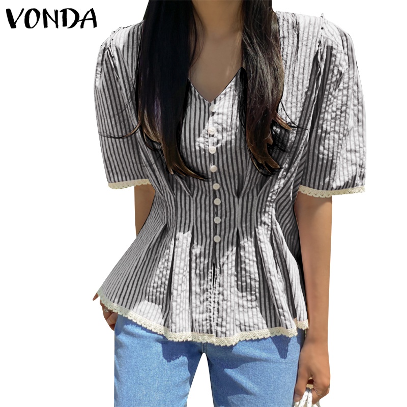 Vonda เสื้อเชิ้ต คอวี แขนสั้น แต่งลูกไม้ เย็บปะติดปะต่อกัน ลายทาง สไตล์เกาหลี สําหรับผู้หญิง