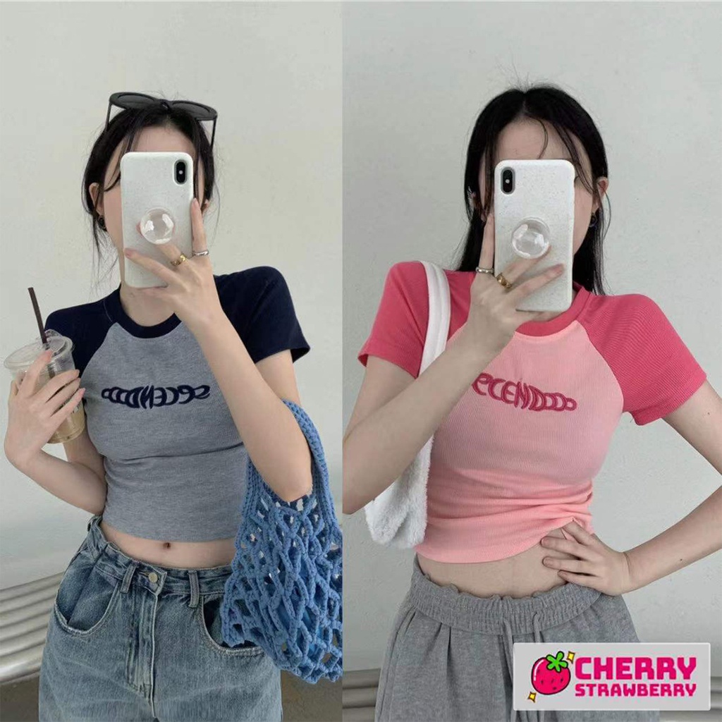 เสื้อครอปคอกลม ครอปแฟชั่น แขนสั้น สไตล์เกาหลี