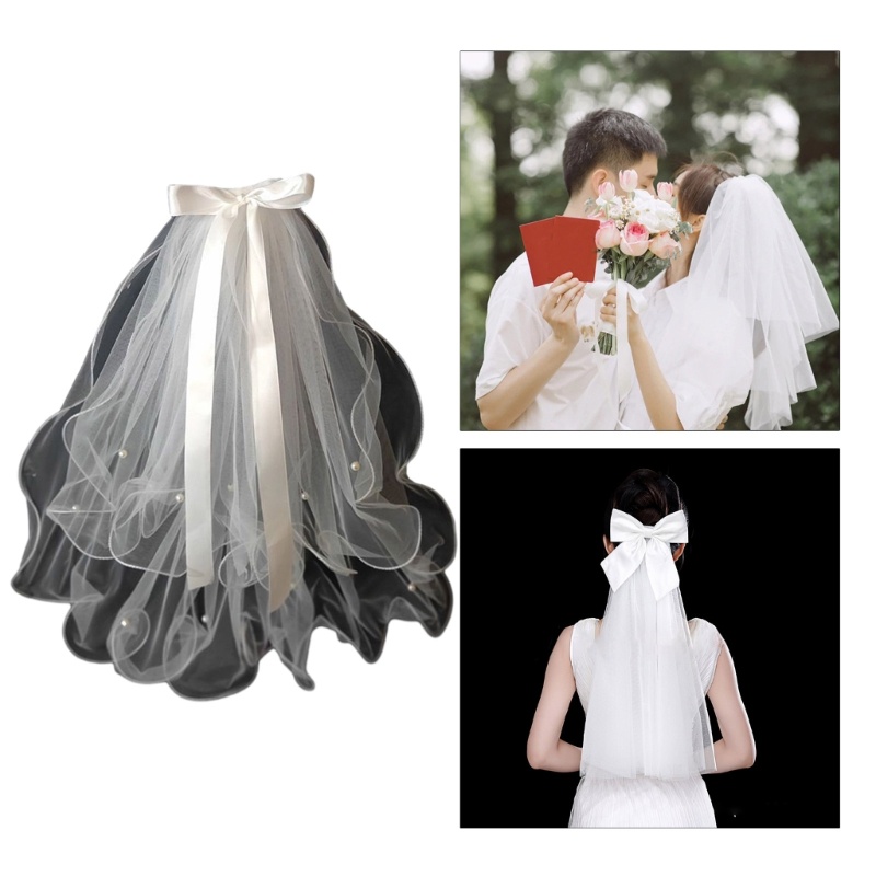 ซ้ายเจ้าสาว Layered Veil Headpieces ไข่มุก Bowknot งานแต่งงานเจ้าสาวยาว Tulle แต่งงานเจ้าสาวงานแต่งง