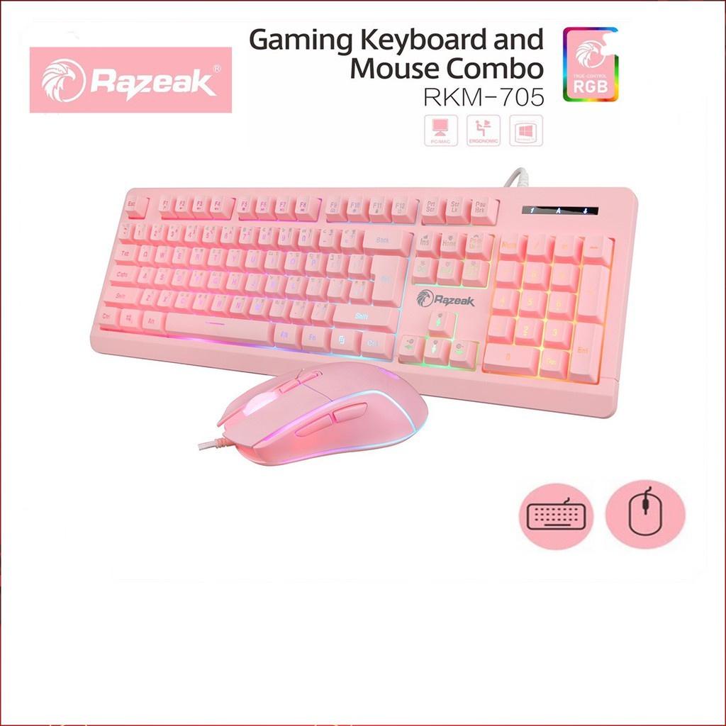 Razeak RKM-705 Keyboard+Mouse Combo ชุดมีไฟเมาส์คู่คีย์บอร์ด สีชมพูทั้งชุด