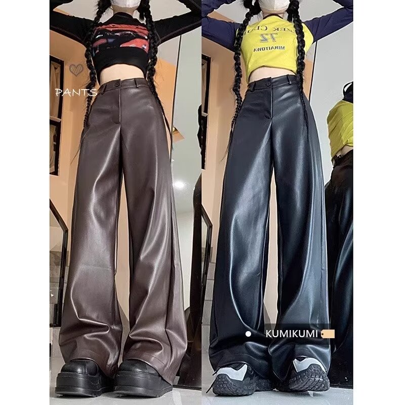 กางเกงขายาวลําลอง หนัง PU เอวสูง เข้ารูป ระดับไฮเอนด์ แฟชั่นฤดูใบไม้ร่วง สไตล์อเมริกันเรโทร สําหรับสตรี