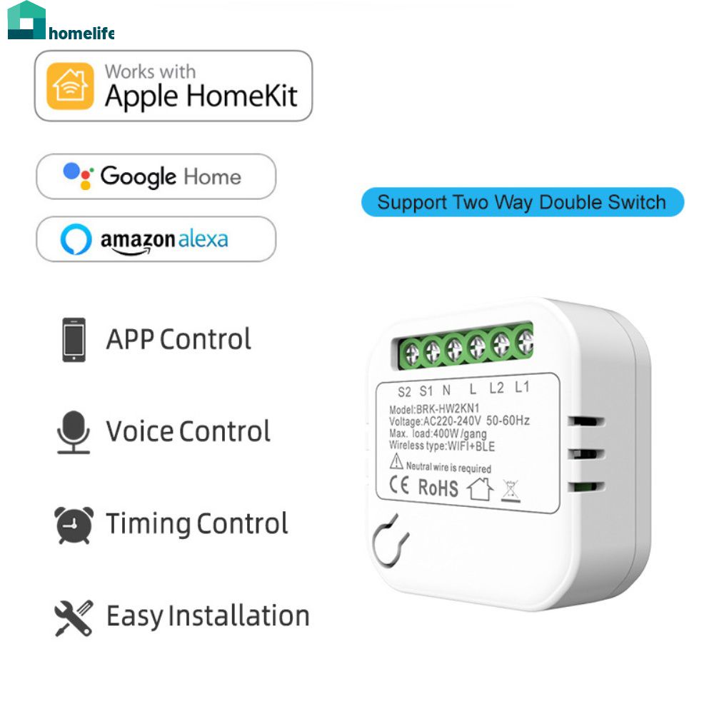 Smart WiFi Switch 2-Way Double Switch Mini Smart Breaker การควบคุมด้วยเสียง Siri ทำงานร่วมกับ Alexa 