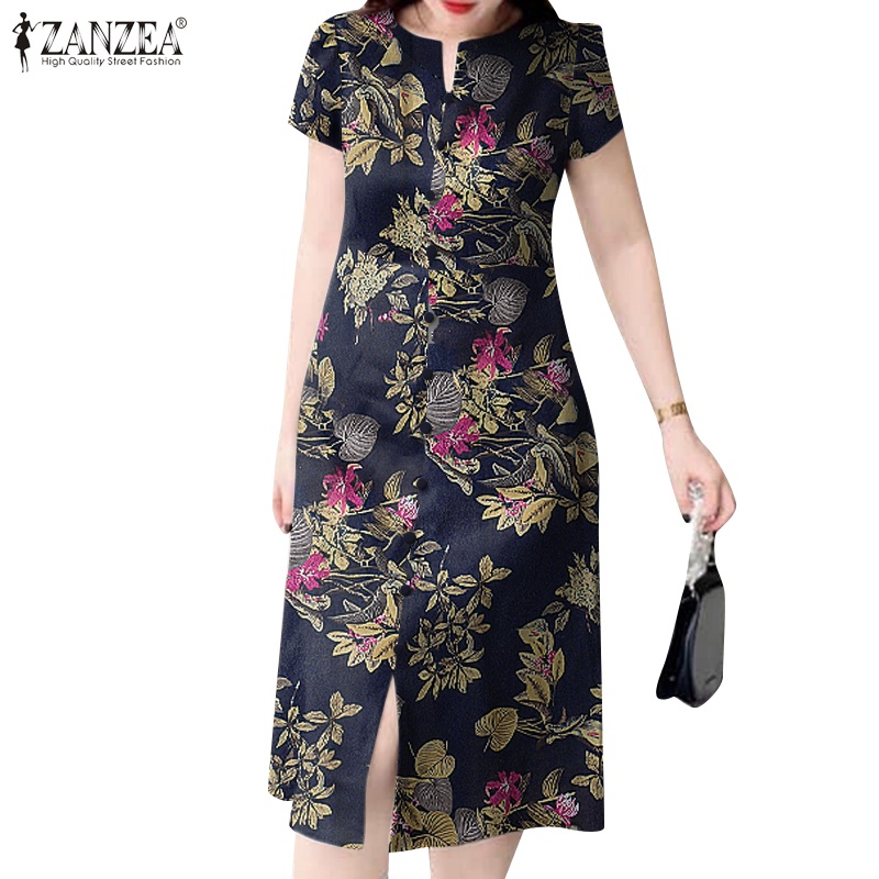 Zanzea ชุดเดรสคอกลม แขนสั้น พิมพ์ลาย สไตล์เกาหลี สําหรับผู้หญิง