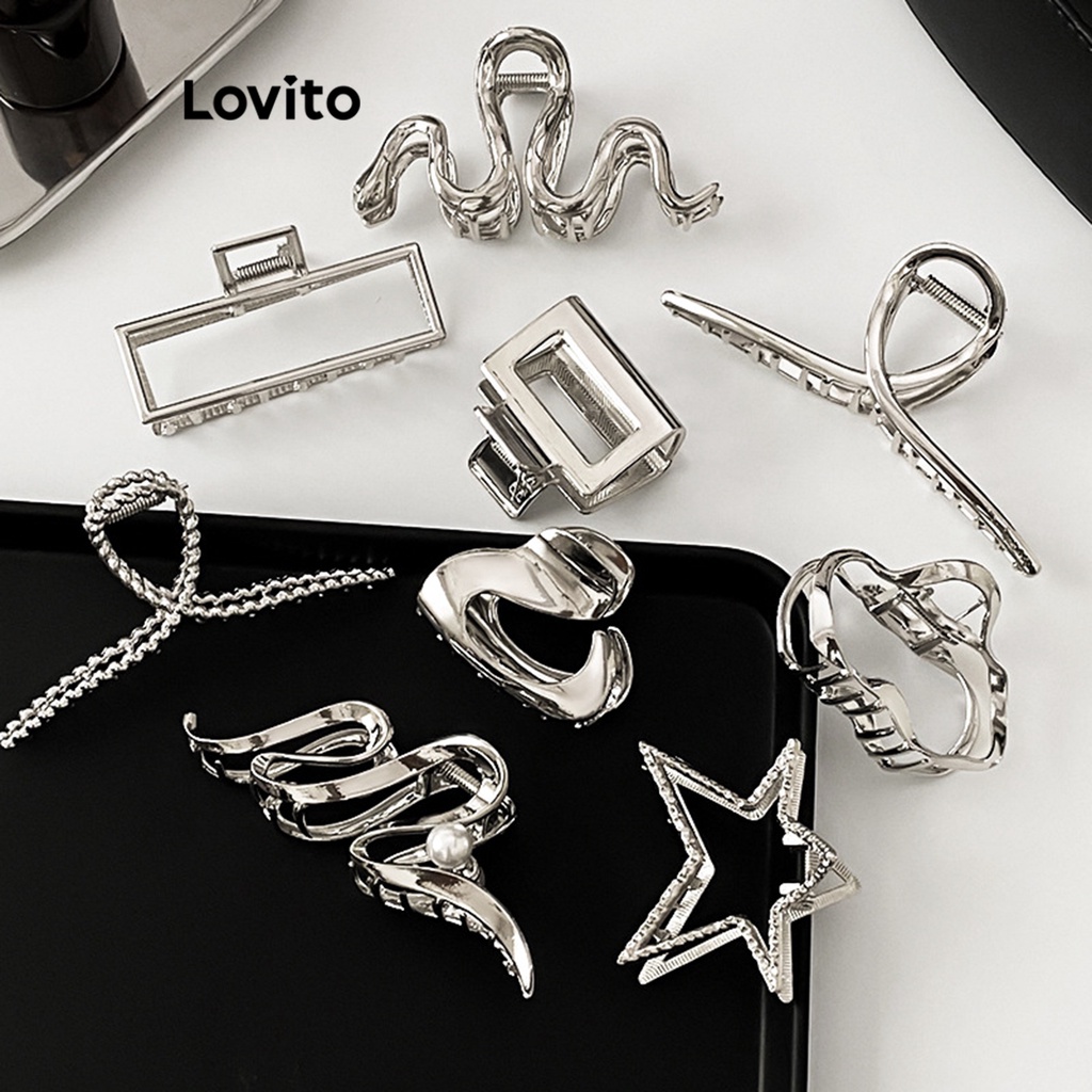 Lovito กิ๊บติดผมผู้หญิง โลหะ รูปดาว ผีเสื้อ สีเงิน แนวแฟชั่น สีเรียบ สไตล์โมเดส LFA12470
