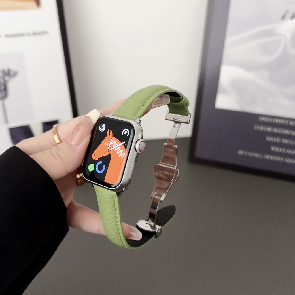 สายนาฬิกาข้อมือหนังแท้ แบบพับได้ สําหรับ Apple Watch 8 7 6 5 4 3 2 1 SE