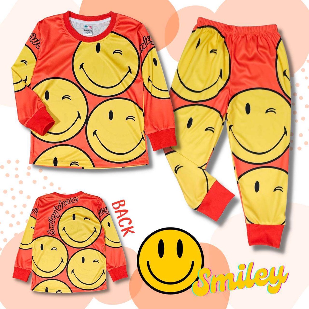 SML0938 ชุดเด็ก เสื้อแขนยาว+กางเกงขายาว ผ้าไมโครเกรดA ลายสไมลี่ หน้ายิ้ม เสื้อผ้าเด็ก ชุดนอนเด็ก ชุดเด็กลายการ์ตูน