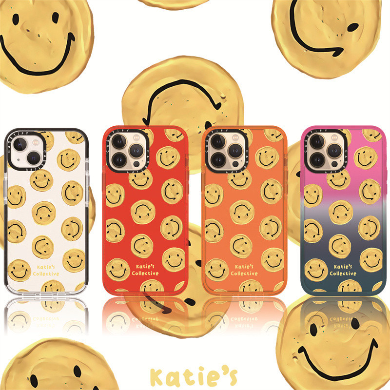 Casetify X Be Happy by Katie's เคสโทรศัพท์มือถือ กันกระแทก ขอบสีดํา สีแดง สีส้ม ไล่โทนสี สําหรับ iPhone 15 14 13 12 11 Pro Max