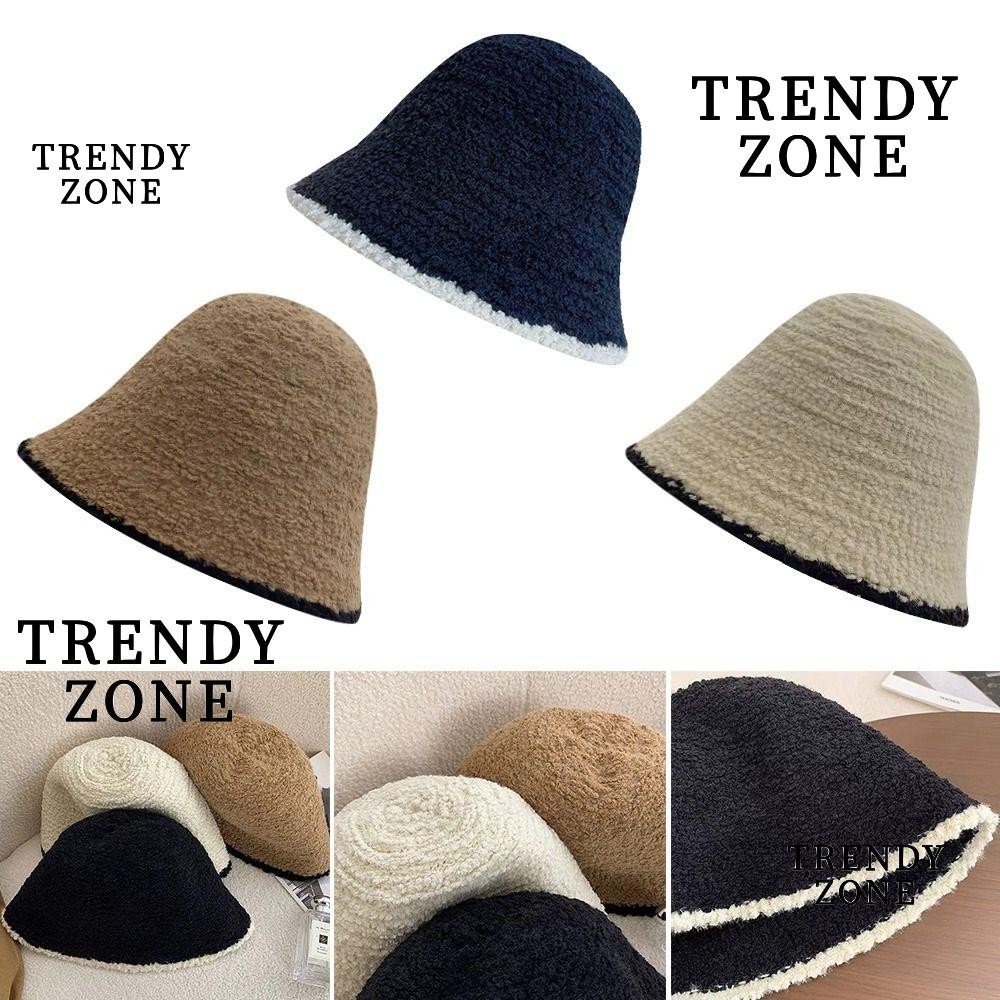 Trendyzone หมวกบักเก็ต ผ้าถัก ยืดหยุ่น แบบนิ่ม ปักลายลูกไม้ แฟชั่นฤดูหนาว