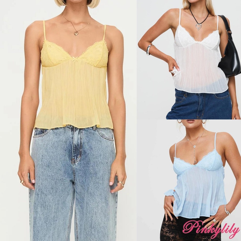 (จัดส่งในกรุงเทพฯ)Pink -เสื้อชั้นในสตรีอัดพลีทมินิกุทัณฑ์ด้านหน้าสปาเก็ตตี้คอวีลูกไม้เสื้อครอป