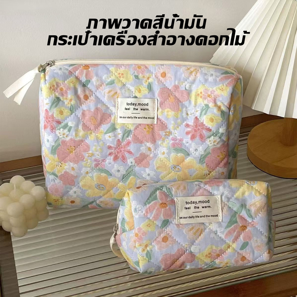 ภาพวาดสีน้ำมันรูปแบบดอกไม้กระเป๋าเครื่องสำอางแบบพกพาความจุขนาดใหญ่กระเป๋าเก็บเครื่องสำอาง