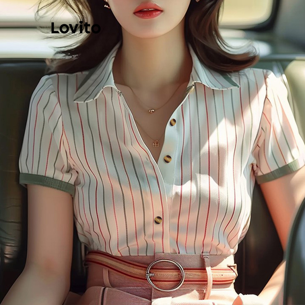 Lovito เสื้อเบลาส์ผู้หญิง ลายทาง แบบคัลเลอร์บล็อก สไตล์ลำลอง LNM67103