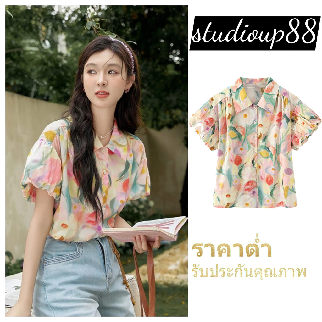เสื้อครอปแขนตุ๊กตาลายดอกไม้ แฟชั่นผู้หญิง
