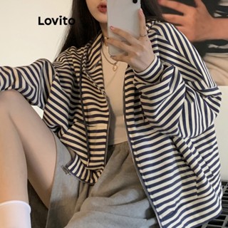 Lovito เสื้อแจ็กเก็ตลําลอง มีฮู้ด มีซิป ลายทาง สําหรับผู้หญิง LNA21259 (สีดํา)