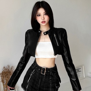 เสื้อแจ็กเก็ตลําลอง แขนยาว หนัง PU แบบเข้ารูป แต่งซิป สีดํา แฟชั่นสําหรับสตรี