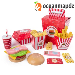 Oceanmapdz ของเล่นไม้ แกล้งทําเป็นเล่น แฮมเบอร์เกอร์ ครอบครัว ถังอาหาร รวดเร็ว ชุดของเล่นเพื่อการศึกษา เด็ก เฟรนช์ฟรายส์ อาหาร มีความสุข ของเล่นเด็กผู้หญิง