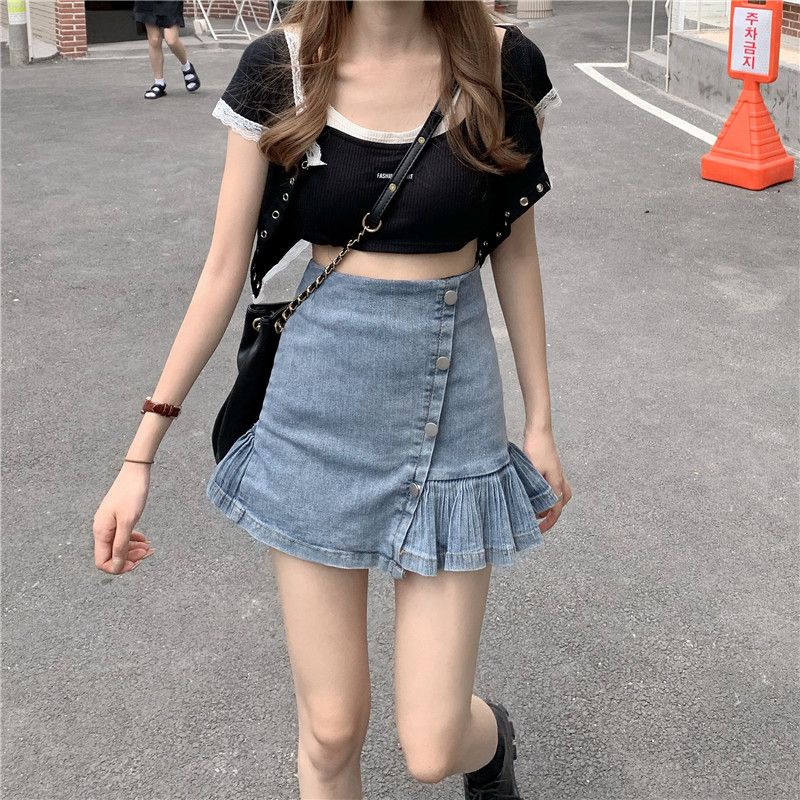[กางเกงเซฟตี้ยืด] กระโปรงยีนสั้น ทรงเอ เอวสูง เข้ารูป เข้ากับทุกชุด