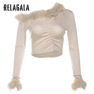 Relagala ใหม่ เสื้อยืดลําลอง แขนยาว คอปก สีพื้น แฟชั่นสําหรับสตรี 2023