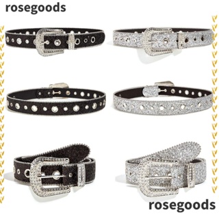 Rosegoods1 เข็มขัดหนัง PU ประดับกลิตเตอร์ พลอยเทียม สําหรับผู้หญิง