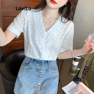 Lovito เสื้อเบลาส์ลําลอง ปักลายตาไก่ ติดกระดุมด้านหน้า สําหรับผู้หญิง LNE24097 (สีขาว)