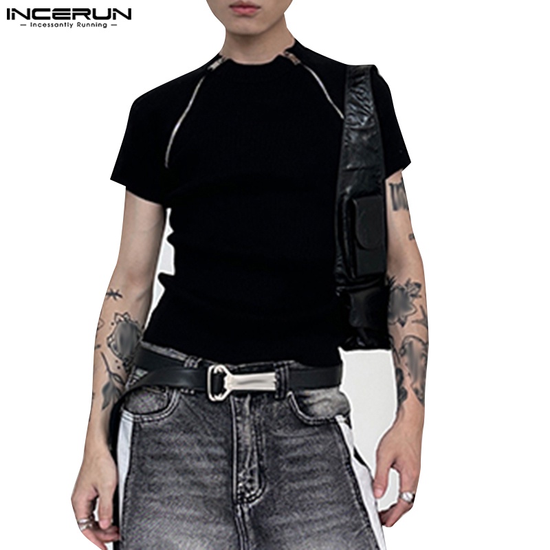 Incerun เสื้อยืดแขนสั้น ลายทาง มีซิป เข้ารูป สไตล์เกาหลี สําหรับผู้ชาย