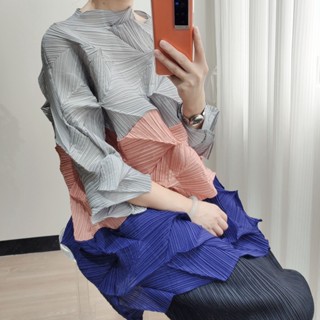 Miyake เสื้อจับจีบ ประดับเพชร ทรงหลวม ขนาดใหญ่ ระดับไฮเอนด์