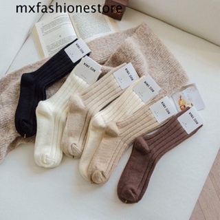 Mxfashione ถุงเท้าผ้าขนสัตว์แคชเมียร์ ลายทาง ให้ความอบอุ่น สีพื้น สไตล์ญี่ปุ่น ฮาราจูกุ สําหรับนักเรียน