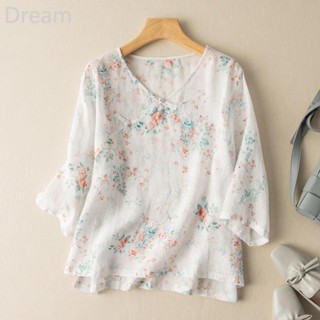 Ethnic style crossbody buckle top retro cropped sleeve floral top thin T-shirt for women