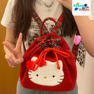 พร้อมส่ง ส่งฟรี กระเป๋าเป้สะพายหลัง ผ้ากํามะหยี่ขนนิ่ม ลายสก๊อต สีแดง สไตล์ญี่ปุ่น คิตตี้ สําหรับเป็นของขวัญวันเกิดแฟนสาว